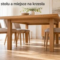 Drewniany stół z cofniętymi nogami i krzesłami – ilustracja AI