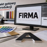 Projekt wektorowy szyldu na monitorze oraz próbki materiałów w pracowni reklamowej – ilustracja AI
